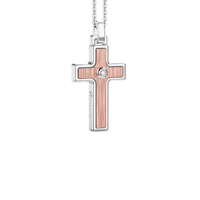 ZANCAN Alpha collana argento con croce in oro rosa e diamante ESC149R - Gioielleria Parravicini Varese